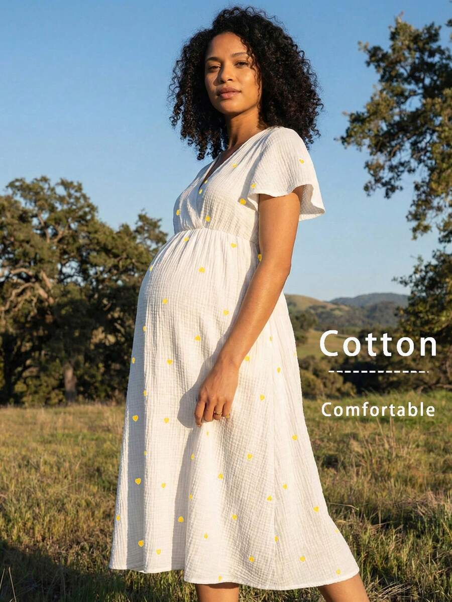 Boho Mama Đầm bầu thêu họa tiết trái tim, kiểu dáng thường ngày và phù hợp cho việc cho con bú, thích hợp mặc hàng ngày và đi nghỉ mát. - trắng - Xem 1