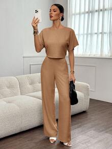 SHEIN Tall 两件套女士纯色褶皱衬衫和裤子休闲套装，适合秋季穿着，休闲职场时尚之选 - 卡其色 - 查看 4
