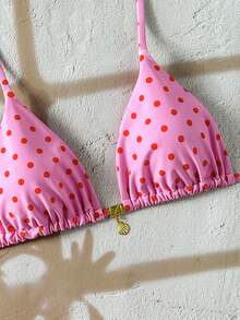 SHEIN Swim Mod 随机金色贝壳印花露背比基尼上衣，性感泳装上衣，适合夏季度假 - 粉色 - 查看 3