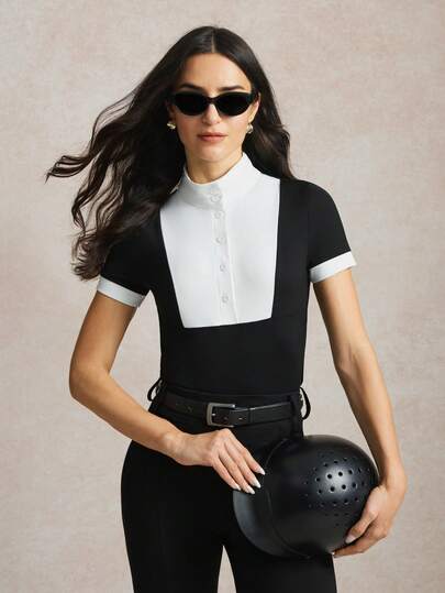 Activina Women's Contrast Button Half-Placket Short Sleeve Equestrian Top Minimalist Black And White Skin-Friendly Four-Way Elastic