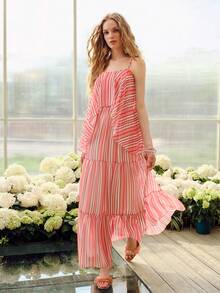 MOTF PREMIUM MINIMALIST PRINTED TIERED HEM SLIP LONG DRESS FOR WOMEN - Pink - View 5