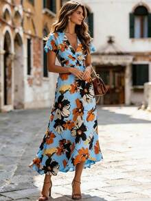 Balvessa 优雅碎花束腰连衣裙，春夏款 - 淺藍色 - 查看 5