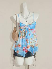 SHEIN ICON 女士绿色花卉印花吊带网眼背心，休闲度假装 - 藍色 - 查看 4