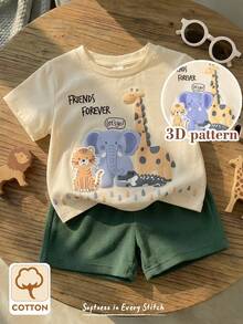 Cozy Pixies Bộ 2 món cho bé trai/bé gái, gồm áo thun dệt kim cổ tròn dáng rộng và quần short in hình động vật hoạt hình dễ thương, thích hợp mặc mùa xuân/hè. - Nhiều màu - Xem 8