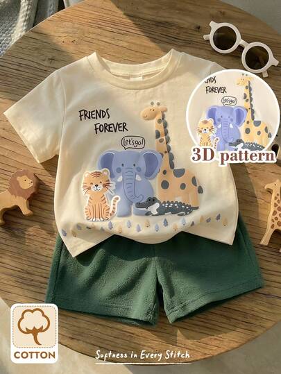 Cozy Pixies Set de 2 piezas de parte superior de punto de cuello redondo holgado con estampado de animales de dibujos animados y pantalones cortos, adecuado para uso en primavera/verano, para niño/niña bebé