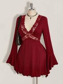SHEIN ICON Gaun Liburan Wanita Ukuran Besar dengan Patchwork Renda dan Lengan Berkerut, Cocok untuk Kencan Malam, Warna Burgundy, Musim Gugur yang Elegan - Burgundy - View 7
