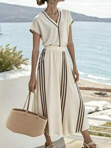 Wandoria Falda elegante, romántica, casual y minimalista con efecto de cintura ceñida y diseño de rayas en línea A para mujer - Multicolor - Ver 5