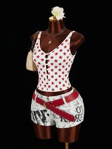 DAZY 夏季女士星形印花镂空修身性感吊带背心 - 白色 - 查看 14