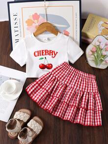Genkimix Kids Setelan Motif Cherry untuk Anak Perempuan, Atasan Lengan Pendek Putih dan Rok Ruffle Kotak-kotak Merah, Musim Panas, Pakaian Serasi untuk Liburan Keluarga Anak-anak, Setelan Pakaian Manis 2 Potong - Merah - View 3