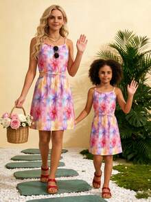1pc Tween GirlsGradient Plaid Daisy Print Sleeveless A-Line Mini Dress, Vacation & Beach Casual Outfit - White - View 6