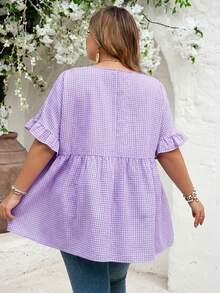 SHEIN CURVE+ Curve 加大码 US22 音乐节、海滨度假、波西米亚风 CURVE PLUS / / 女士格纹印花衬衫，适合春夏波西米亚风度假，休闲娃娃风衬衫 - 紫色 - 查看 2