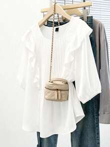 SHEIN CURVE+ Casual Pleated Decor Plus Size White Shirt, Suitable For Spring, Summer, Autumn - White - View 1