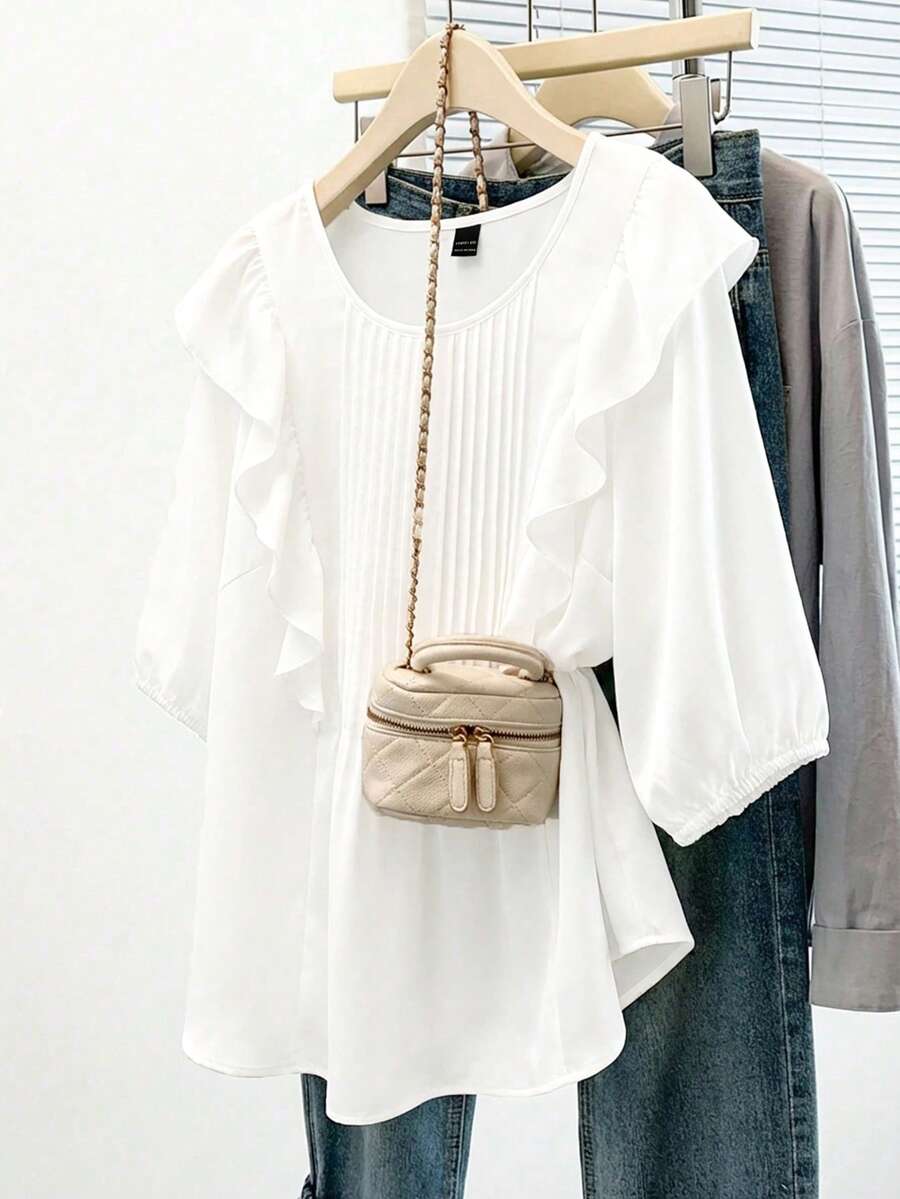 SHEIN CURVE+ Casual Pleated Decor Plus Size White Shirt, Suitable For Spring, Summer, Autumn - White - View 1