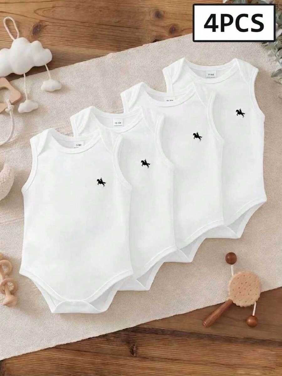 SHEIN Playful Pals Bộ 3 áo liền quần tay ngắn in hình ngựa dễ thương cho bé trai, thích hợp cho mùa hè. - trắng - Xem 1