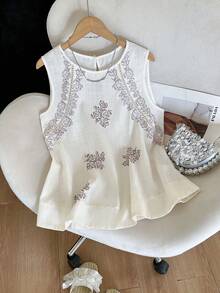 GlowEve 夏季浪漫度假波西米亚印花撞色蕾丝圆领无袖A字宽松女式衬衫 - 彩色 - 查看 1