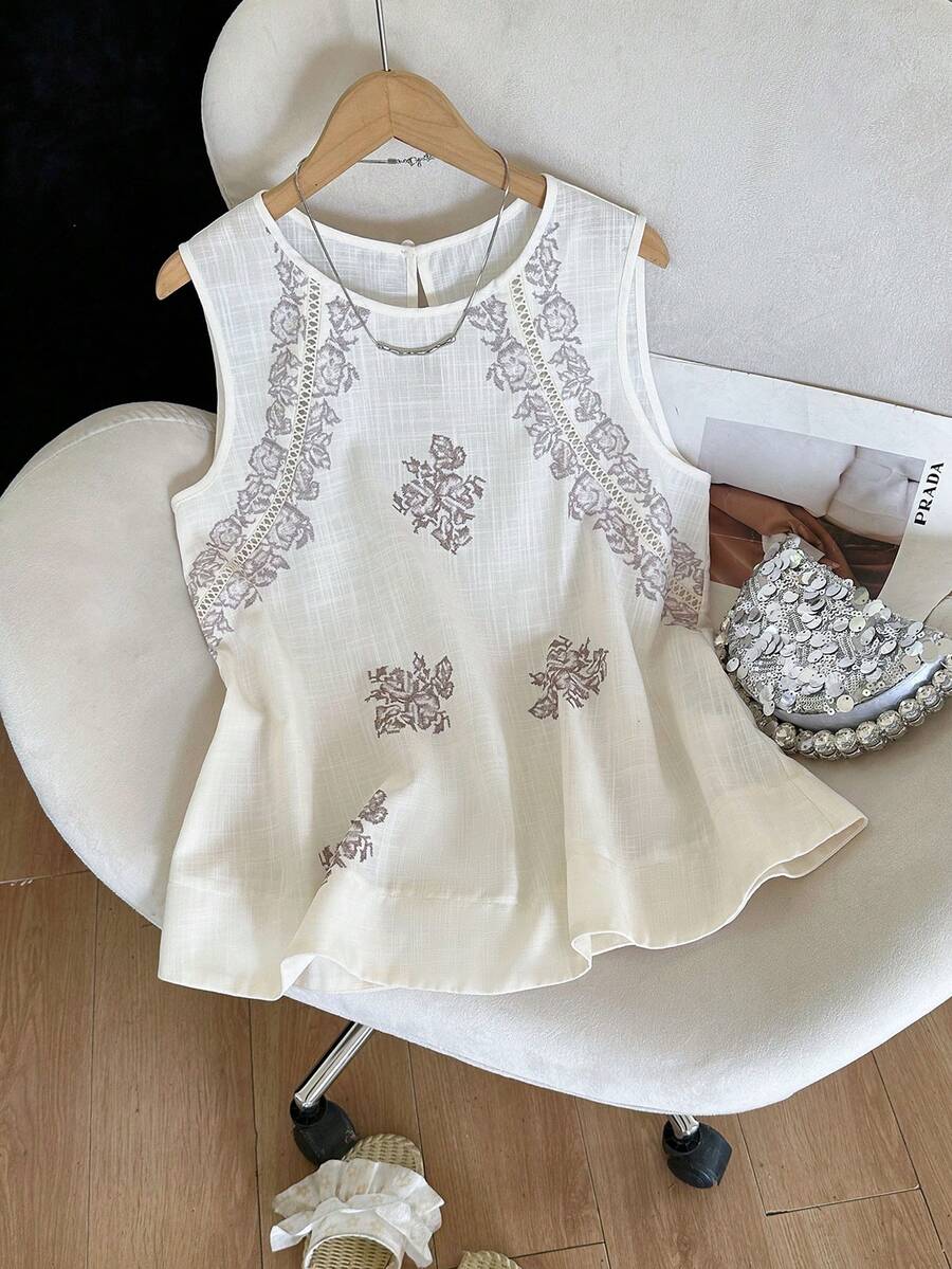 GlowEve 夏季浪漫度假波西米亚印花撞色蕾丝圆领无袖A字宽松女式衬衫 - 彩色 - 查看 1