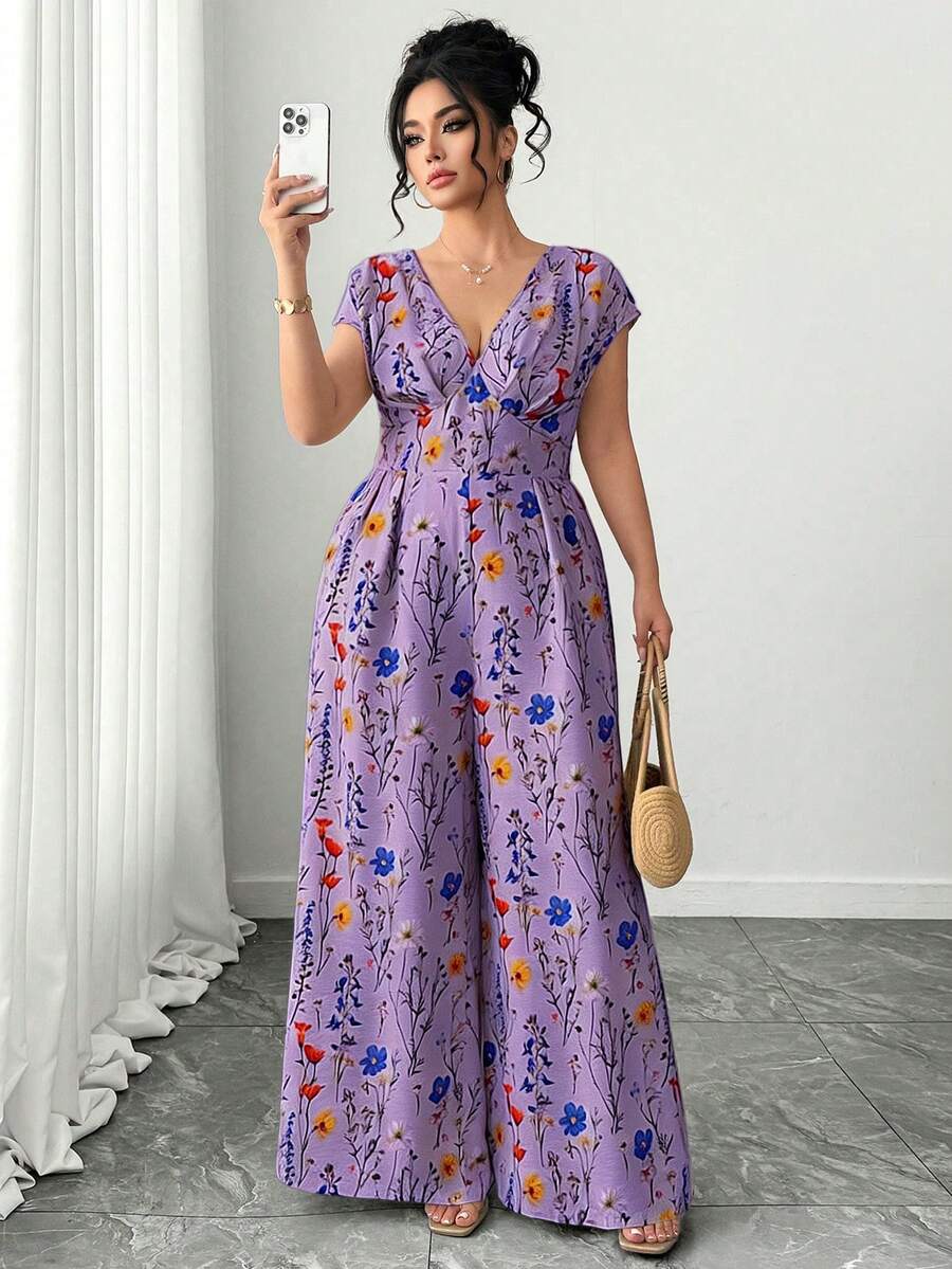 Elenzga 大码女式V领收腰休闲度假风杏色印花连体裤 - 紫色 - 查看 1