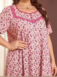 Lacomfia Plus Size Ditsy Floral Short Sleeve Ruffle Hem Casual Maxi Dress - Pink - View 3