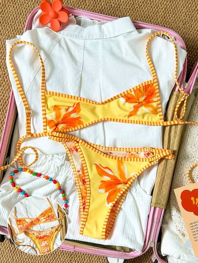 Swim Mod 女士泳衣套装，双面可穿，夏季海滩完美之选，多功能两件套，可正反两穿，双面印花设计，甜美夏日系列，橙黄色印花大花朵U领，流行的橙黄色碎花搭配橙黄色，多功能，清新甜美的条纹印花，撞色滚边，双面可穿，甜美度假两件套。