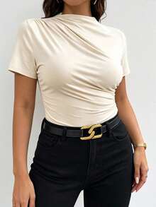 Elenzga Bodysuit Wanita Ukuran Besar Warna Putih Elegan untuk Musim Gugur dan Musim Panas, Detail Kerut Asimetris, Leher Bulat, Lengan Pendek, Elastis, Serbaguna untuk Kerja dan Sehari-hari - Aprikot - View 4