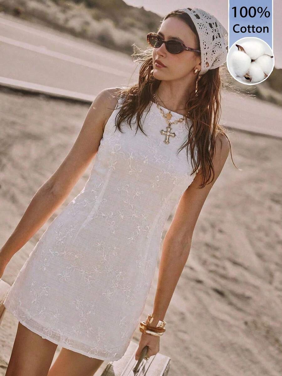 Easelle 女士夏季度假白色无袖刺绣连衣裙 - 白色 - 查看 1