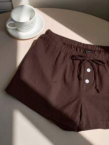 Comfortcana Celana Pendek Katun Linen Polos Kasual Wanita, Musim Panas - Coklat - View 7