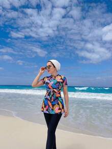 Swim Mulvari 2pcs Women Leaf Print Tie Waist Burkini Set - Multicolor - View 3