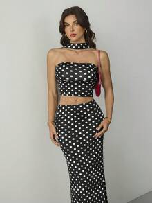 SHEIN Tall Bộ đồ 2 món Vacation Knit họa tiết chấm bi cổ điển gồm áo tank top ngắn ôm dáng và chân váy đuôi cá cạp thấp dành cho nữ. - màu đen - Xem 7