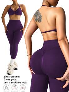 SHEIN Sports 大码女式纯色褶皱吊带背心和紧身裤运动套装 - 紫色 - 查看 2