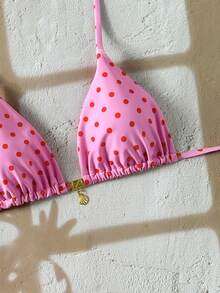 SHEIN Swim Mod 随机金色贝壳印花露背比基尼上衣，性感泳装上衣，适合夏季度假 - 粉色 - 查看 4