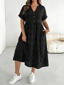 SHEIN Essnce 大码女式休闲度假复古波点短袖黑色连衣裙，适合春夏穿着 - 黑色 - 查看 5