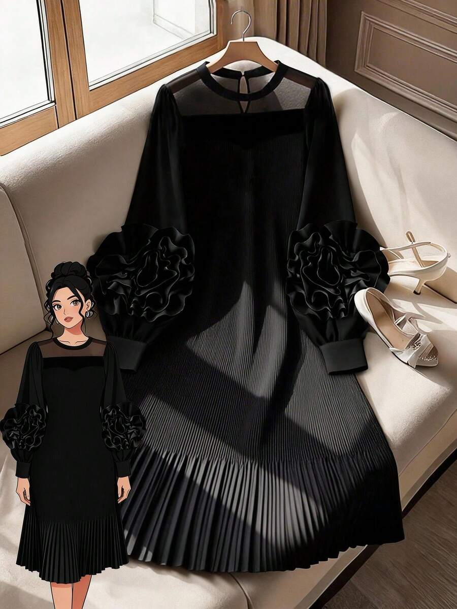 GlowEve CURVE Vestido negro de manga larga con pliegues y flores 3D para tallas grandes - Negro - Ver 1