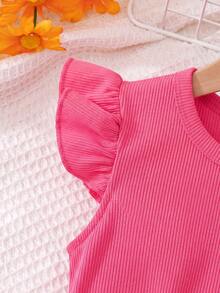 SHEIN 2pcs/Set Kaos Anak Perempuan Kerah Bulat Berkerut dan Celana Pendek Motif Bunga, Merah Muda Terang, Musim Panas, Serasi, Pakaian Kasual Liburan Keluarga untuk Balita - Hot Pink - View 3