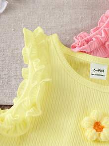 SHEIN 3件套女婴夏季休闲可爱甜美柔软弹力罗纹背心，粉色、白色和蓝色纯色，饰有花卉图案，适合6个月至3岁婴幼儿室内外穿着 - 彩色 - 查看 6