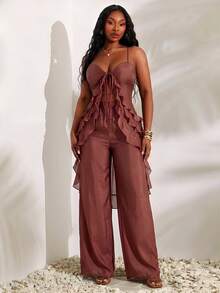 Radiana Setelan 2 Potong Wanita Ukuran Plus Warna Cokelat Tua untuk Musim Panas, Atasan Panjang dan Celana Panjang Berlapis Organza dengan Tali Ruffle, Pakaian Pantai Boho - Coklat - View 5