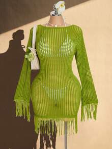 SHEIN ICON Vestido de punto calado con flecos y diseño hueco para vacaciones y playa para mujer de talla grande - Verde Oliva - Ver 6