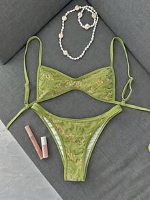 SHEIN Swim Vcay 夏季女士两件套亮片刺绣面料挂脖比基尼上衣和下装泳衣套装 - 綠色 - 查看 3