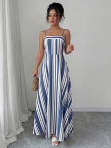 EMERY ROSE Non-Positioned Printed Spaghetti Strap Square Neck Waist Gathered A-Line Elegant Romantic Delicate Dress, Sexy Striped - Multicolor - View 6