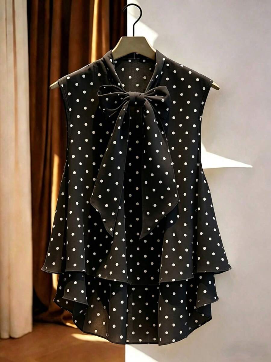 GlowEve 女士波点印花系带无袖休闲衬衫，夏季 - 黑色 - 查看 1
