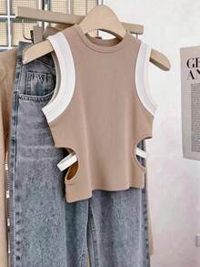 INAWLY Atasan Camisole Wanita Kasual Musim Panas dengan Blok Warna dan Bagian Dalam Berongga - Unta - View 2