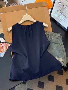 GlowEve 法式复古系带宽松简约百搭优雅女式衬衫 - 藏蓝色 - 查看 2