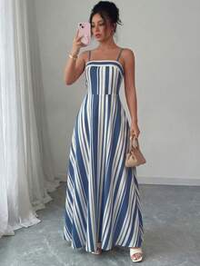 EMERY ROSE Non-Positioned Printed Spaghetti Strap Square Neck Waist Gathered A-Line Elegant Romantic Delicate Dress, Sexy Striped - Multicolor - View 4