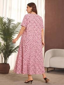 Lacomfia Plus Size Ditsy Floral Short Sleeve Ruffle Hem Casual Maxi Dress - Pink - View 2