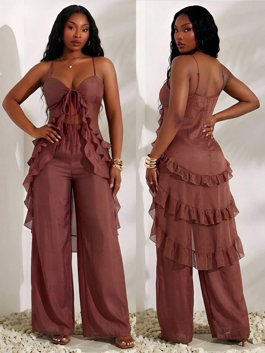 Radiana Setelan 2 Potong Wanita Ukuran Plus Warna Cokelat Tua untuk Musim Panas, Atasan Panjang dan Celana Panjang Berlapis Organza dengan Tali Ruffle, Pakaian Pantai Boho