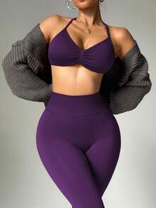 SHEIN Sports 大码女式纯色褶皱吊带背心和紧身裤运动套装 - 紫色 - 查看 3