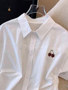 INAWLY Women's Cherry Pattern Short Sleeve Side Drawstring Casual Shirt - White - View 3