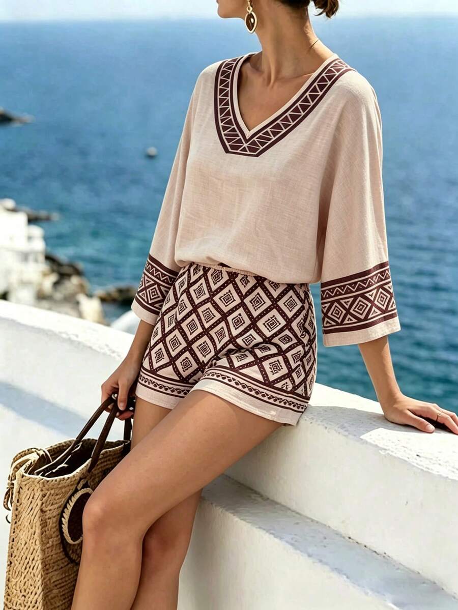 Balvessa Khaki Geometric Print V-Neck Batwing Sleeve Casual Vacation 2 Pieces Set For Women - Apricot - View 1