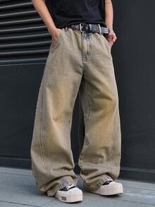 Manfinity EMRG Men's Casual Distressed Embroidered Vintage Denim Jeans - Light Yellow - View 6