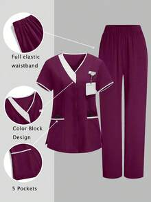 TaskEZ 2pcs V-Neck Short Sleeve Top And Pants Uniform Set, Cleaning Service Uniform - Red Violet - View 1