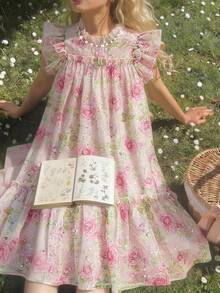 Tween Girls' Elegant Rose Print Chiffon Dress, Summer - Multicolor - View 1